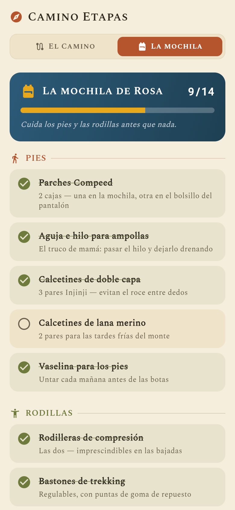 Camino Etapas — packing