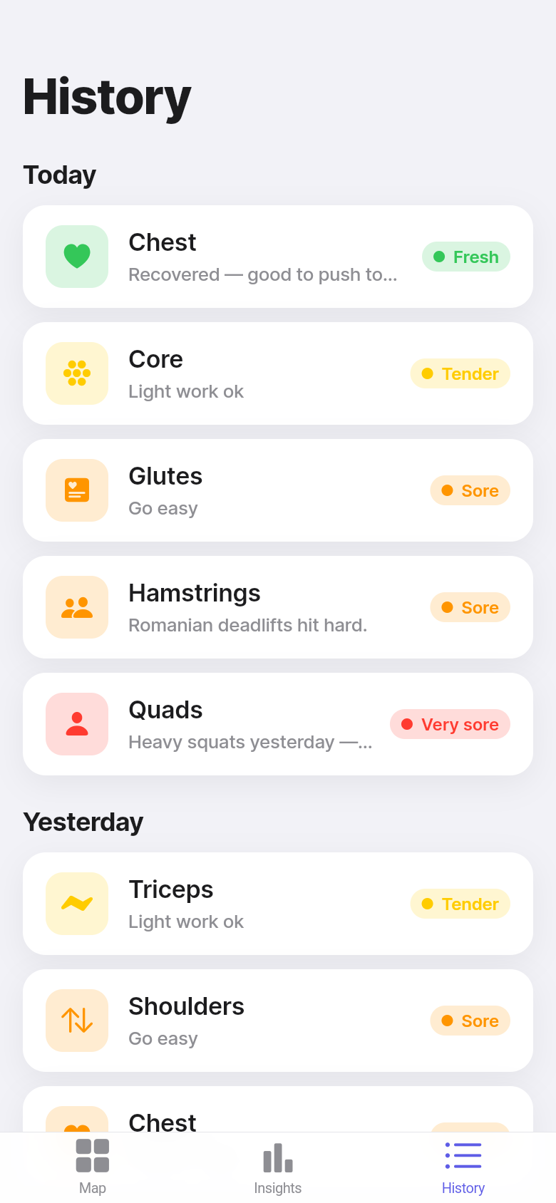 Soreness Map — history